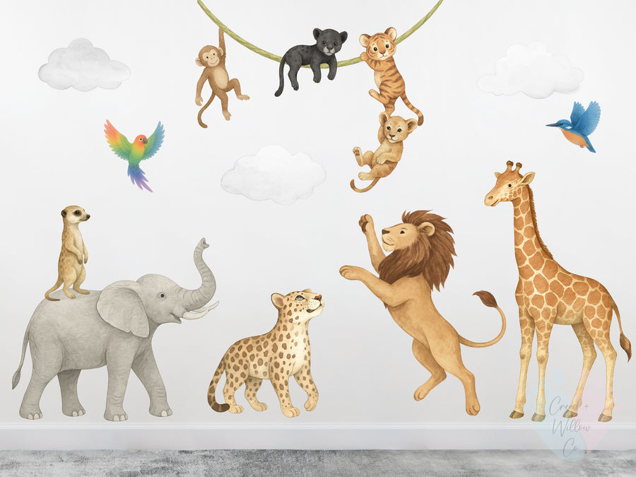 Safari Animals Wall Decals - Jungle Tree With Giraffe, Lion, Fox Nursery Wall Stickers