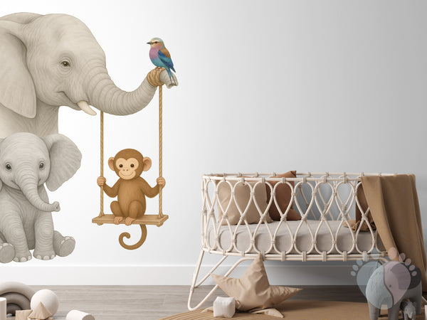 Elephant and Monkey Swing Nursery Wall Decal
