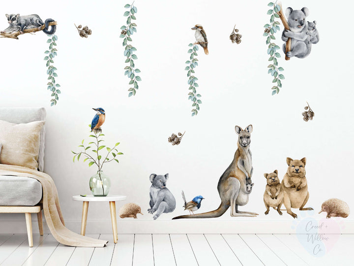 Australian Animal Wall Stickers Featuring Kangaroo, Koala, With Falling Gum Nuts Mural