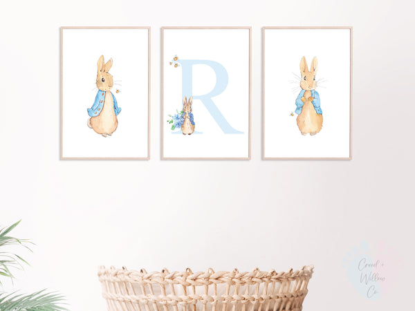 Peter Rabbit Nursery Art Set On Canvas Paper For Wall Prints In Blue Theme