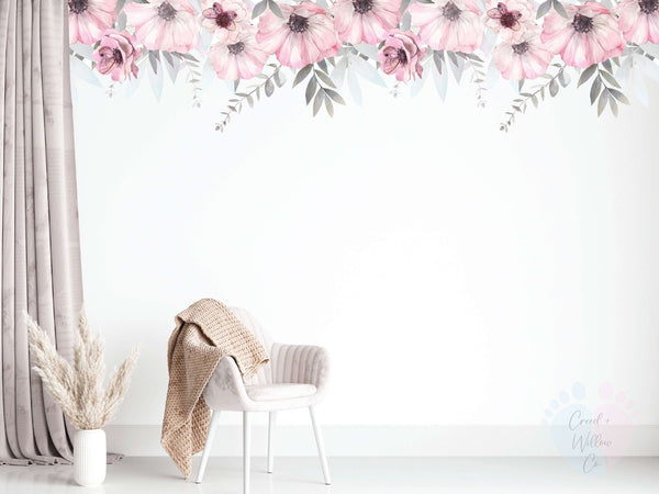 blush floral border wall decal featuring pink roses and leafy vines