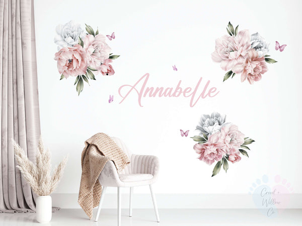blush peony wall decals with soft pink flowers and greenery accents