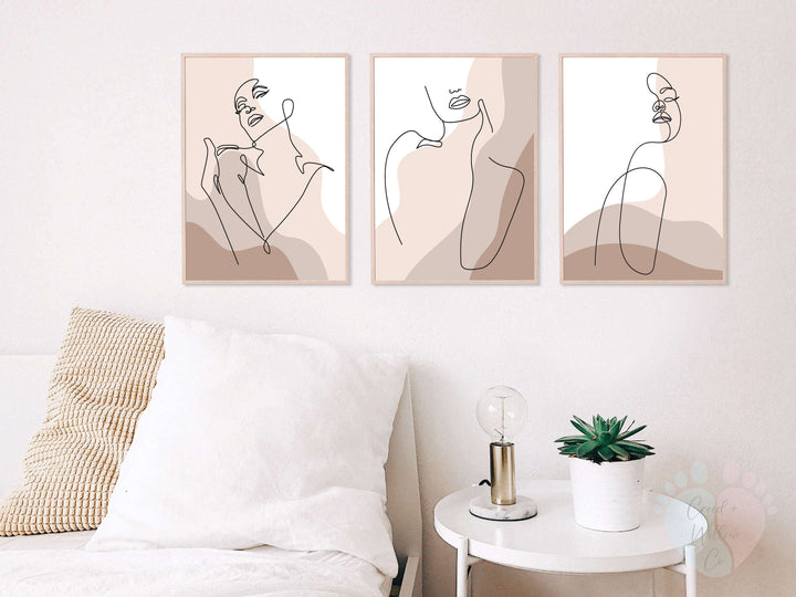 Three Giclée Line Art Prints Displayed In Bedroom, Abstract Body Art On Wall