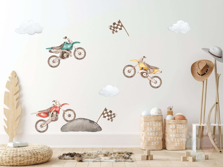 boys room wall decal featuring hand-drawn motorcycles on self-adhesive fabric