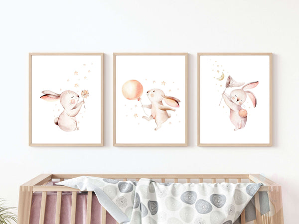 Bunny Nursery Wall Art On Canvas Paper Featuring Three Watercolor Animals