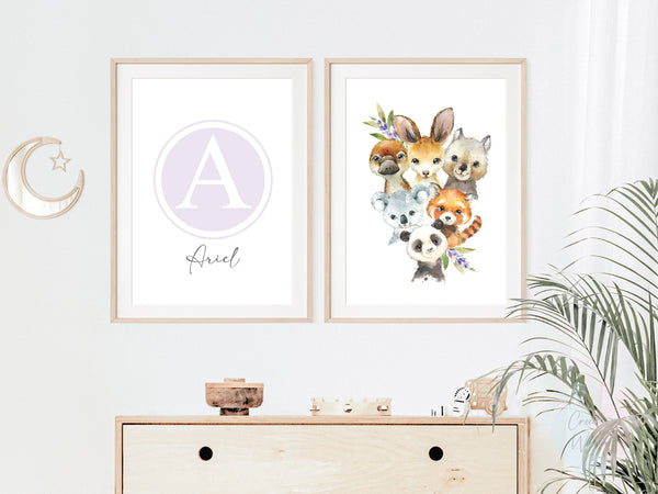 Bush Babies Wall Art Prints On Canvas Paper Featuring Animals With Letters