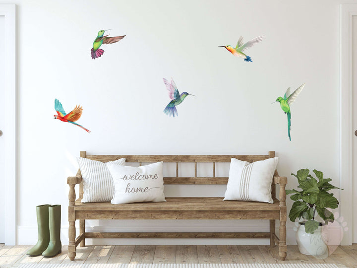 Wooden Bench With Bird Wall Decals Featuring Colourful Birds In Decor Setting