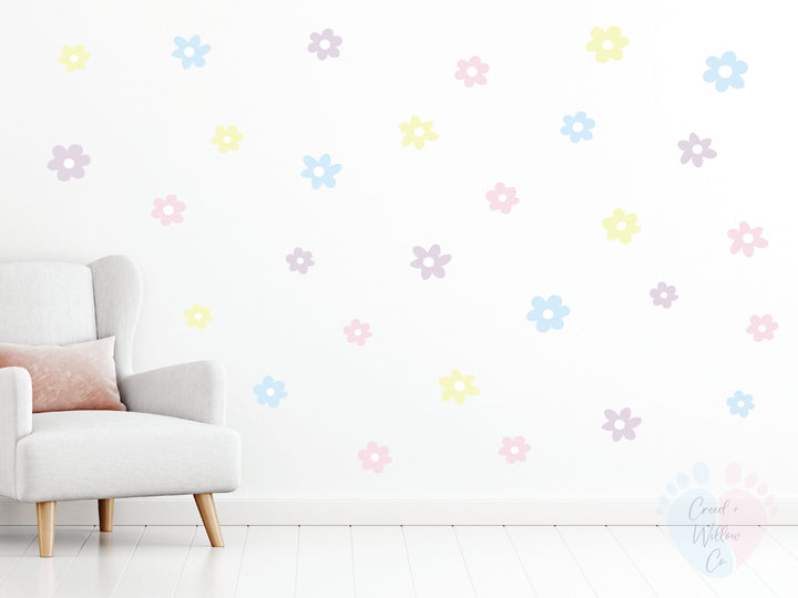 White Chair In Front Of Colorful Daisy Wall Decals Display