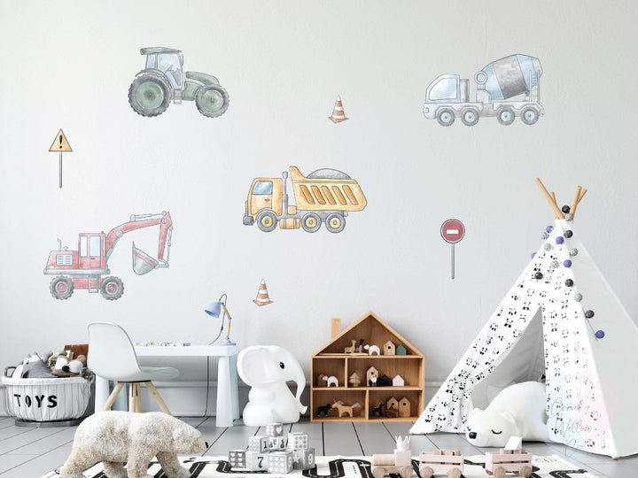 construction site wall decals with diggers trucks cones and cranes in soft tones