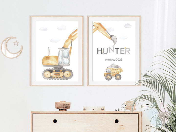 Construction Truck Wall Art Prints On Canvas Paper Above Wooden Dresser