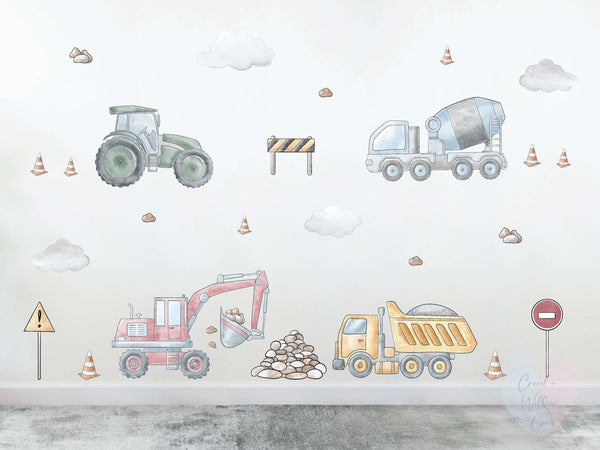 construction truck wall decals with diggers and cranes in bold yellow tones