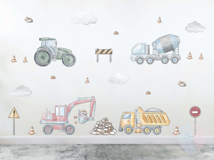 construction truck wall decals with diggers and cranes in bold yellow tones