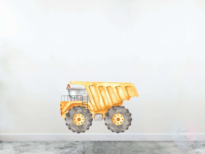 peelable boys nursery wall decal with yellow machinery and road signs


