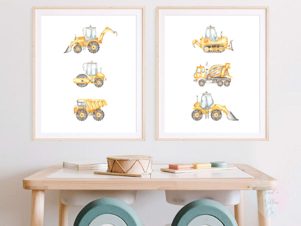 Construction Wall Print Set On Archival Paper Featuring a Yellow Vehicle And Blue Tractor