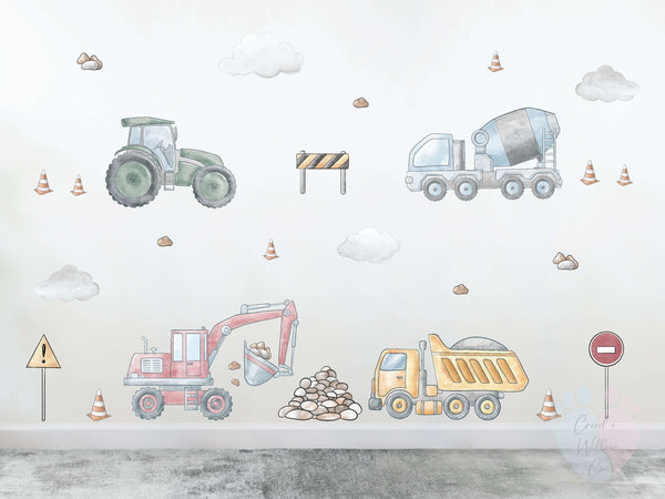 Colorful Construction Wall Stickers Featuring Trucks And Vehicles On Mural
