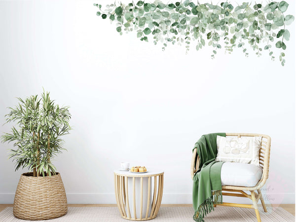 corner vine wall decal with soft green leaves and curved hanging sprigs