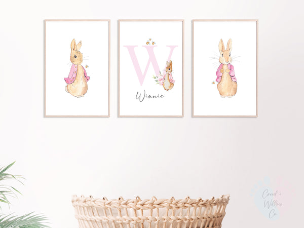 Custom Name Peter Rabbit Art On Canvas Paper, v Initial With Three Bunny Nursery Wall Prints