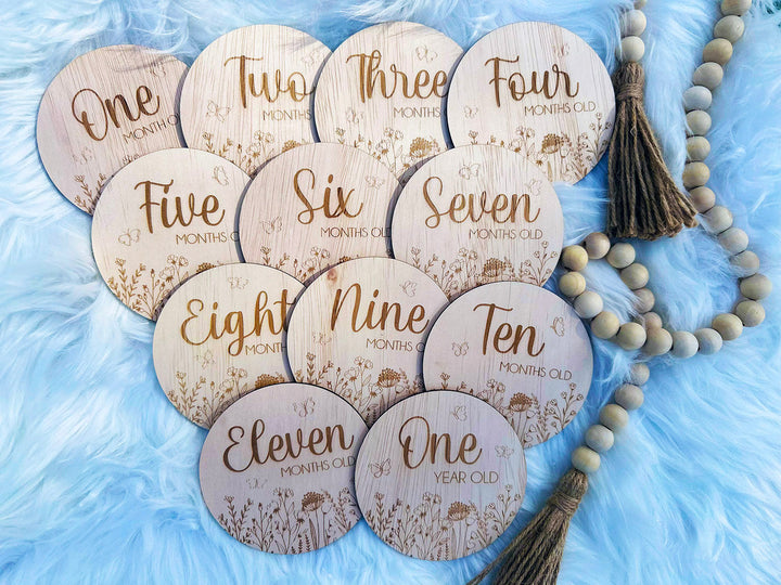 Laser-cut Wooden Milestone Discs For Tracking Baby Birth Milestones From 1 Month To 1 Year Old