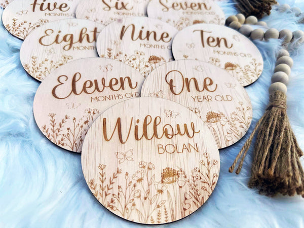 Laser-cut Baby Birth Milestone Discs: Track Willow Bolan’s Growth With Nature-inspired Designs