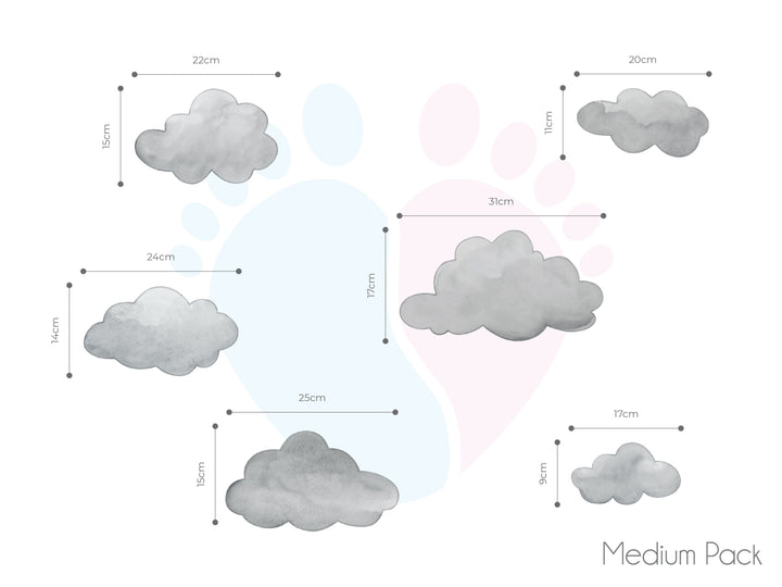 Pack Includes Six Dark Grey Cloud Wall Decals On a White Background