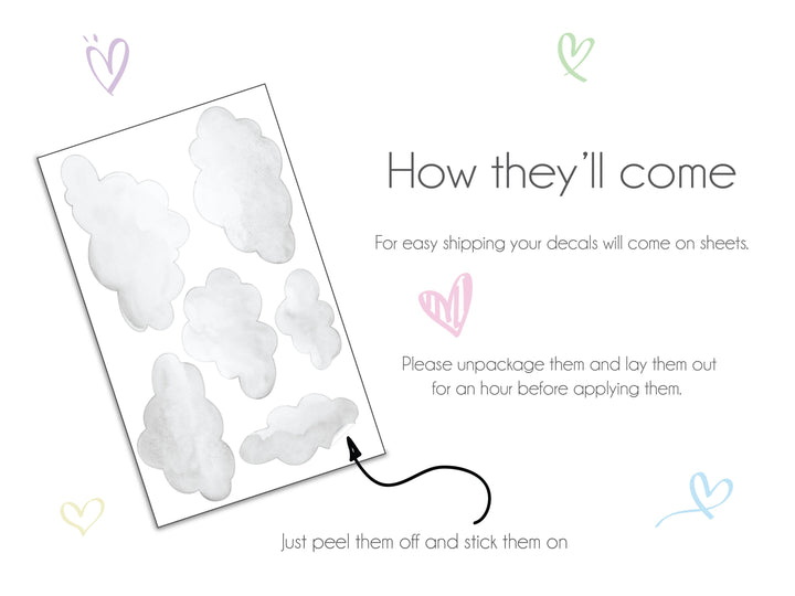 Pack Includes Six Dark Grey Cloud Wall Decals With Watercolor Hearts Design