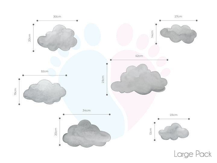 Pack Includes Six Dark Grey Cloud Wall Decals Against a White Background