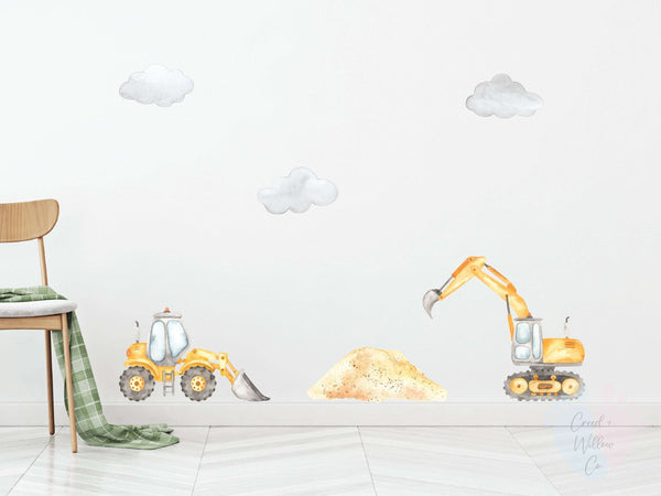 yellow digger and construction wall decal set for boys playroom