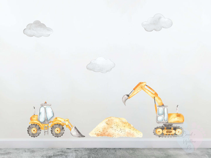 Digger Construction Wall Decals Featuring Vehicles And Clouds Mural