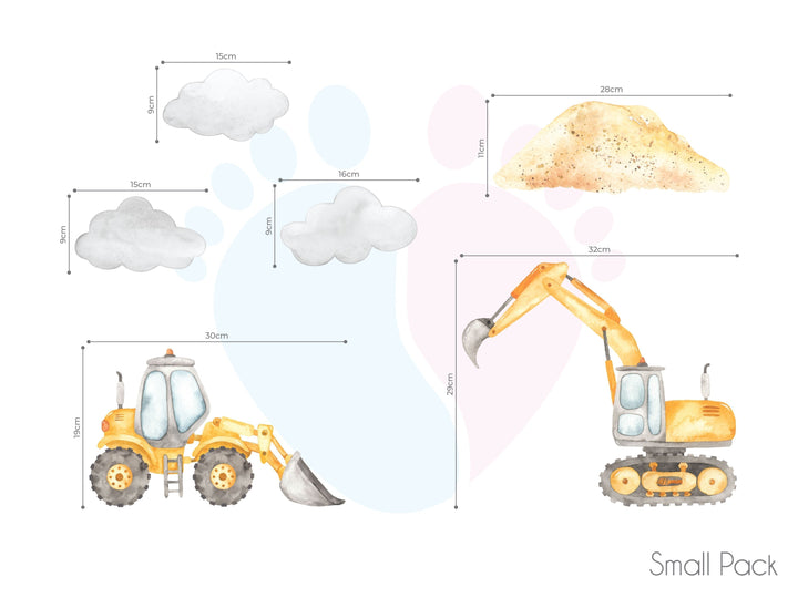 Digger Construction Wall Decals Featuring Illustrations Of Vehicles And a Cat