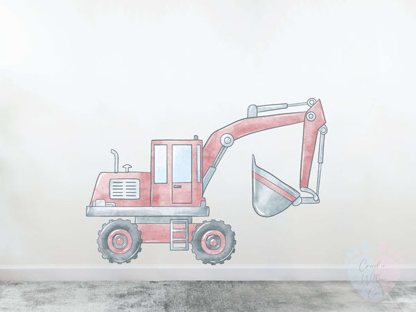 Pink Digger Truck Wall Decal On a Large Construction Mural