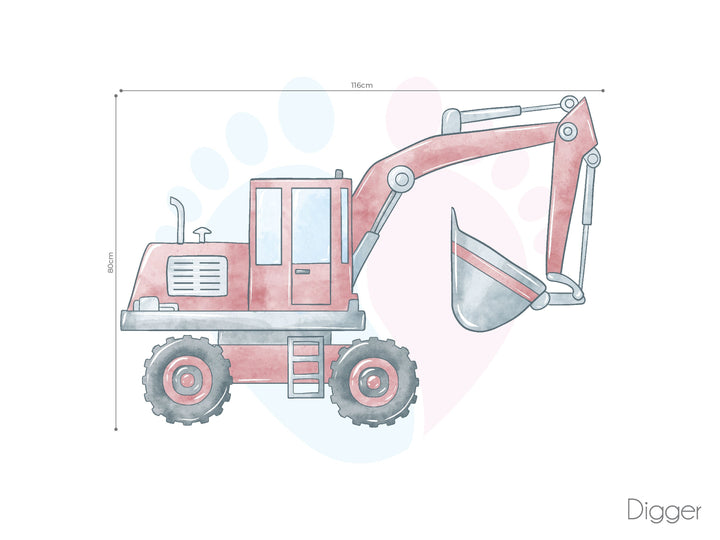 Red Digger Truck Wall Decal On a Large Construction Wall With White Background