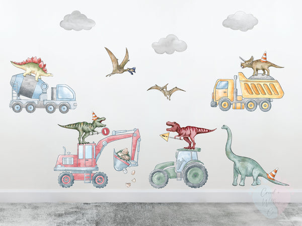 dinosaur construction wall decal set with diggers bulldozers and dump trucks