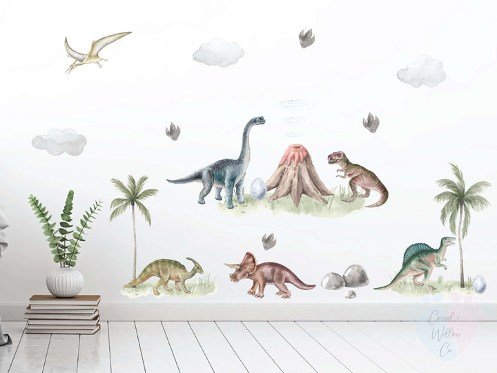 peel-and-stick boys room wall decal with triceratops and volcano scene