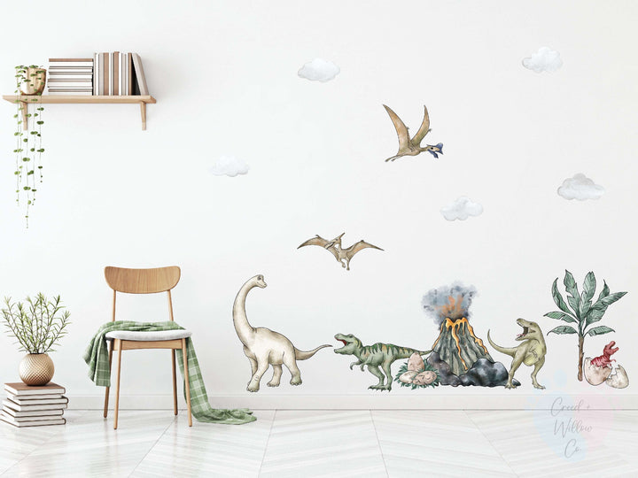 Dinosaur Wall Stickers Including a T-rex And Cracked Egg On a Bedroom Wall