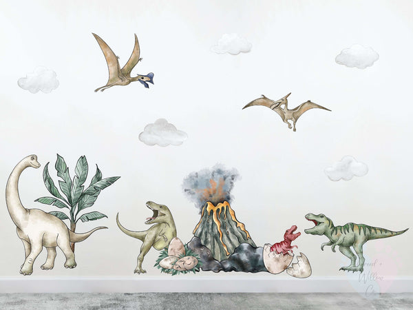 Dinosaur Wall Stickers Featuring Dinosaurs, a Volcano, And a Cracked Egg Mural