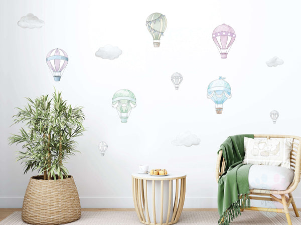 hot air balloon wall decals in pastel tones with clouds and floating accents