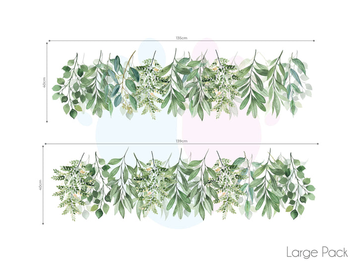 Eucalyptus Size Vine Wall Hanging With White Flowers And Green Leaves Decals