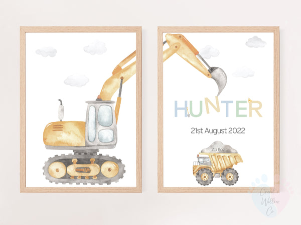 Excavator Wall Prints Of Digger And Dump Truck With Beautiful Canvas Pattern, Matte Sheen