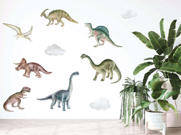 Fabric Dinosaur Wall Stickers From Walupo, Featuring Full-size Decals With Fluffy Clouds