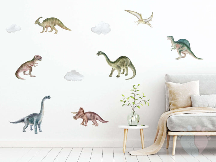 Fabric Dinosaur Wall Stickers With Fluffy Clouds For Nursery Kids Room Decor