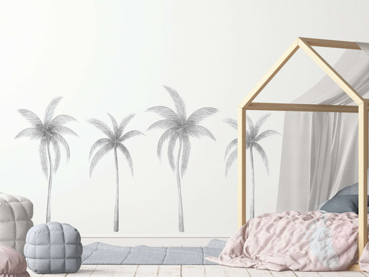 Palm Tree Wall Stickers Creating a Tropical Oasis On a White Wall With a Pink Bed