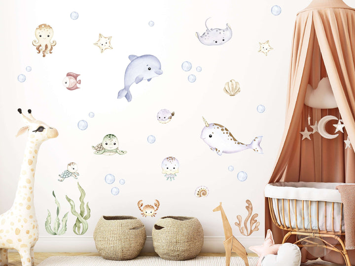 Colorful Fabric Sea Wall Stickers With Puffer Fish And Bubbles On Nursery Wall