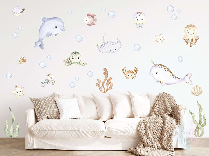 Fabric Sea Wall Stickers Featuring Colorful Puffer Fish And Other Sea Animals