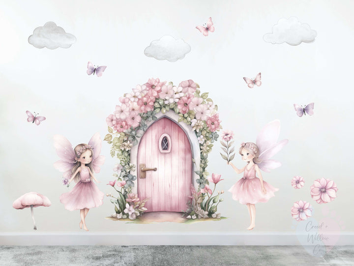 Fairy Door Wall Stickers With Pink Flowers, Fairies, And Fluffy Clouds Mural