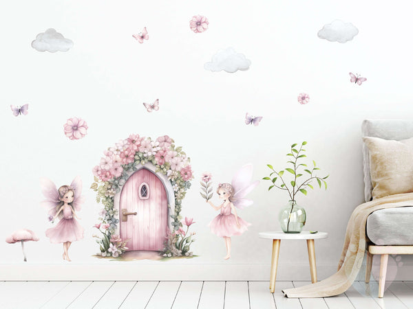 Fairy Door Wall Stickers With Pink Door, Fairies, Flowers, And Fluffy Clouds