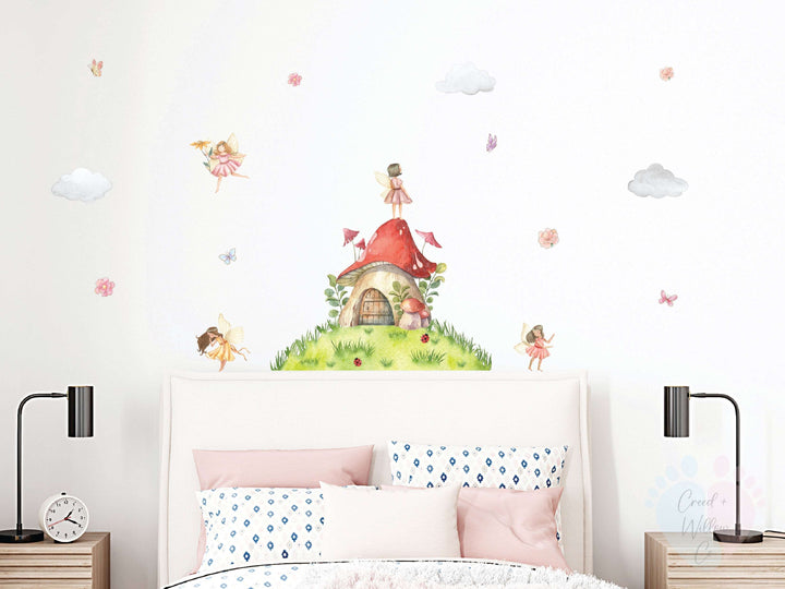 Fairy Garden Wall Decals In Girl’s Bedroom Featuring Fairy House And Mushroom Design