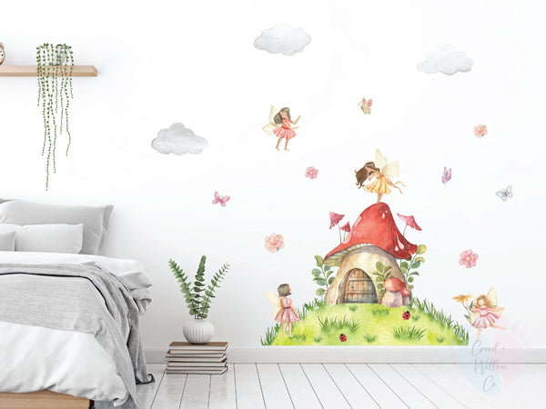 Fairy Garden Wall Decals With Medium Fairy And Mushroom House Stickers