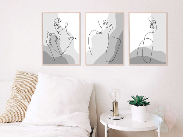 Three Female Body Line Prints On Canvas Paper, Abstract Artwork In Bedroom Setting