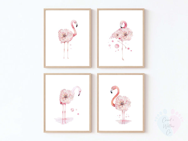 Four Pink Flamingos On Archival Paper, Flamingo Wall Prints Collection