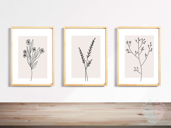 Floral Line Art Print On Canvas Paper, Giclée Wall Prints With Black And White Flowers